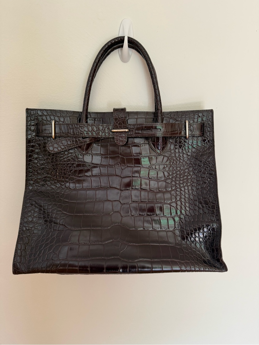 Furla Croc-Embossed Structured Top-Handle Satchel in Dark Brown